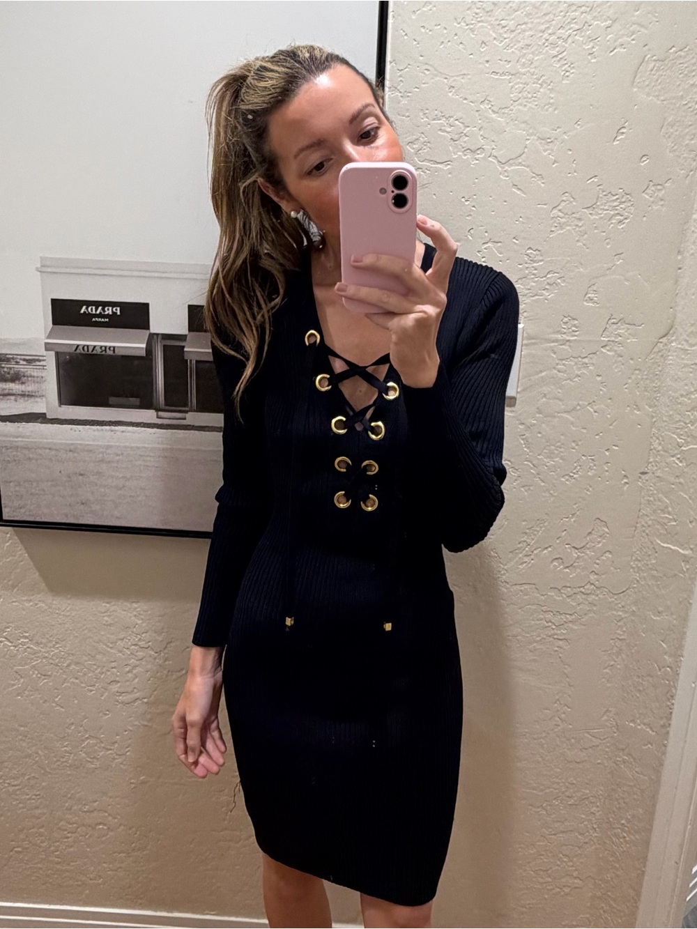 Michael Kors Navy Ribbed Lace-Up Long Sleeve Knit Dress - Picture 5 of 5